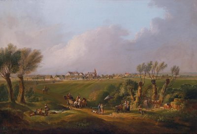 Motif from the Marchfeld with the Village of Ebenthal in the Background, the Painter at the Easel in the Foreground by Conrad Bühlmayer